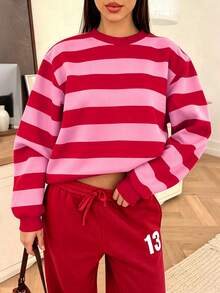 Women's Pink Colorblock Classic Fashion Striped Y2K Outfit Set, Back To School Autumn Apparel, Round Neck Long Sleeve Drop Shoulder Loose Pullover Sweatshirt With Warm Fleece Lining - Pink - View 3