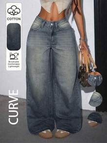 Plus Size Women Casual Loose Straight Leg Jeans With Pockets Fall - Deep Nostalgia - View 1