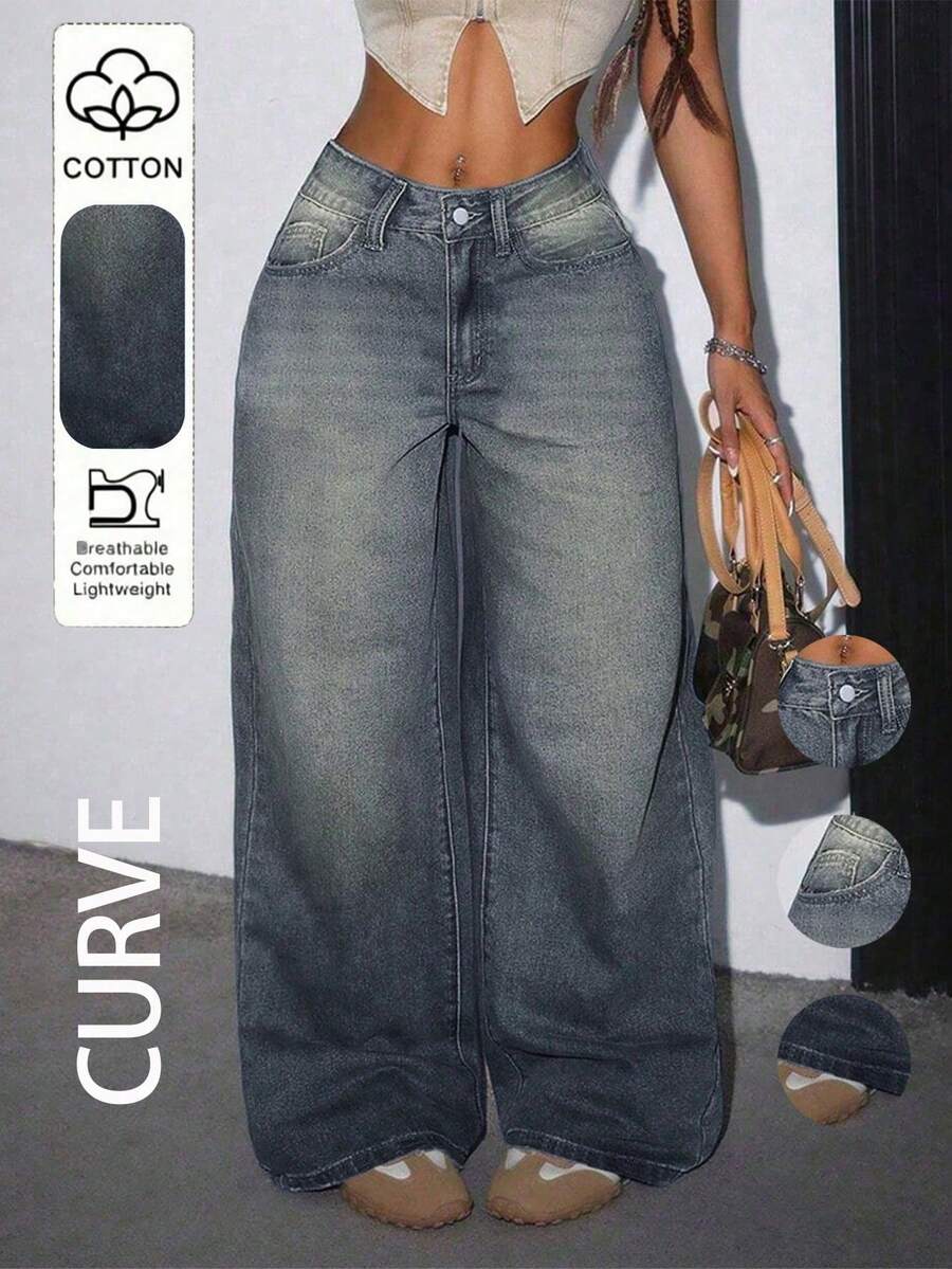Plus Size Women Casual Loose Straight Leg Jeans With Pockets Fall - Deep Nostalgia - View 1