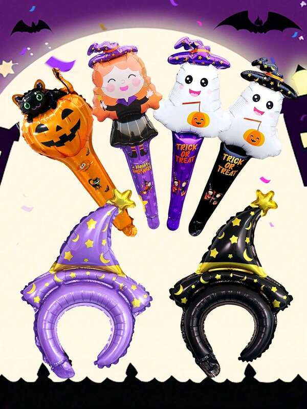 6pcs Halloween Stick Balloons & Headbands, Pumpkin, Bat, Witch Hand-Held Sticks, Purple & Black Wizard Hat Balloons, For Halloween Decoration, Day Of The Dead, Birthday Party, Halloween Party Photo Props,Christmas