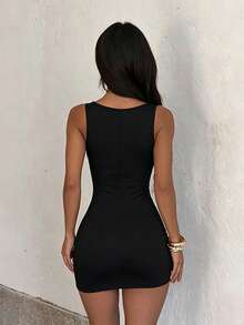 1pc Solid Color Sexy Knit Fabric Sleeveless Dress Beach Summer - Black - View 4