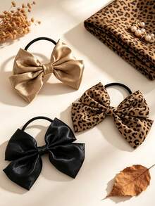 3pcs Autumn Leopard Print Satin Bow Hair Ties,Shiny Fabric Ponytail Scrunchies,Vintage Hair Accessories For Girls Daily Wear & Autumn Winter Gifts - Multicolor - View 4