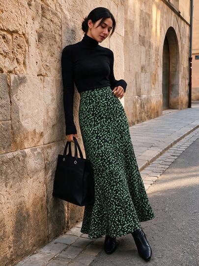 EARO Women's Spring/Summer Ditsy Floral High Waist A-Line Flowy Chiffon Midi Skirt, Casual Outing Outfit