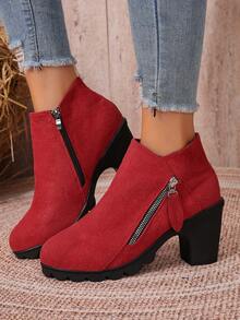 Women's Autumn/Winter Solid Color Side Zipper Chunky Heel Ankle Boots, Fashion Thick Platform Waterproof Versatile Western Style Side Zipper Chunky Heel Holiday Outdoor - Red - View 4