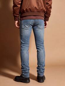 Men's Distressed Slim Fit Tapered Jeans, Vintage Blue Wash With Light Ripped Design, Cat Whisker Faded Distressed Vibe Style, Casual Versatile Stretch Denim Pants - Blue - View 5