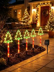 1Set(5Pcs) Green Solar Christmas Tree Stake Lights, LED Candy Cane Ground Plug Lamps, Waterproof Outdoor Pathway Landscape Lights For Yard Lawn Patio Xmas Holiday Decor - Multicolor - View 2