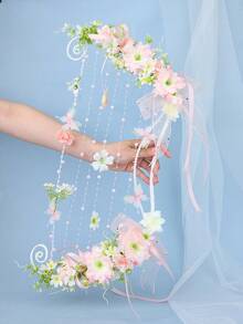 1pc Bohemian Style Bow-Shaped Creative Handheld Bouquet, Pink And White Floral Mesh Ribbon Pearl String, Forest Theme Wedding Photography Prop - Multicolor - View 8