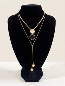1pc Fashion Vintage Copper Y-Shaped Tassel Double Circle Pendant Adjustable Long Necklace, Suitable For Women's Date And Commute Wear, Gift - Gold - View 3
