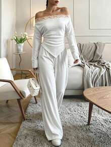 Grey Off-The-Shoulder Two Pieces Set, Lace-Edged Fitted Top + Elastic Waist Wide-Leg Pants Set, Suitable For Daily Wear - Light Grey - View 4
