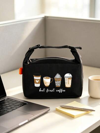 1pc Insulated Lunch Bag With 4 Cups Of Black Coffee And Heart Pattern, Leopard Print, With "Lut Furst Caffee" Pattern Insulated Bag And Black Utensil Storage Bag