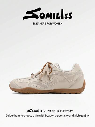 somiliss Zapatos deportivos casuales de suela fina para mujer, cuero PU, cordones delanteros, cómodos, suela blanda, zapatos de entrenamiento alemanes, versátiles para uso diario, desplazamientos y caminatas al aire libre, nuevos para otoño 2026, color albaricoque