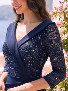 MIUSOL V-Neck Sequin Floral Lace 3/4 Sleeve Draped Side Ruffle Trim Cocktail Party Fitted Dress, Midi Dress, Bodycon Dress, Semi Formal Dress - Navy Blue - View 9