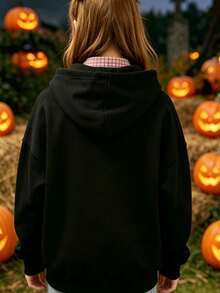1pc Girls Halloween Sweatshirt, Pumpkin Cup And Little Ghost Print, Long Sleeve Pullover, Suitable For Girls Daily Wear, Party, Holiday Gift - Black - View 3