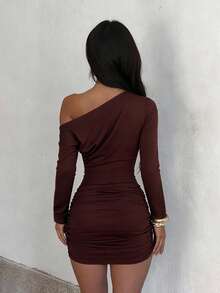 Women's Fall Elegant Burgundy Knit One Shoulder Y2K Mini Dress, For Date, Party, Birthday, Holiday, Wedding, Winter, Halloween, Christmas,Hoco - Burgundy - View 2