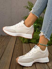 SOCTU Sepatu Olahraga Lari Kasual Nyaman untuk Wanita, Ujung Bulat, Desain Blok Warna, Bertali, Sol Tebal, Gaya Pelajar, Menambah Tinggi Badan - Putih - View 5