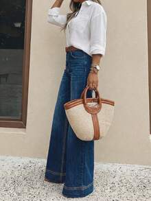 Jeans acampanados para mujer con bolsillos y botones, casuales y versátiles para uso diario, primavera y otoño - Azul oscuro - Ver 4