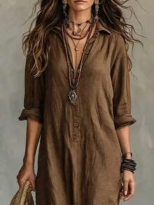 Women's Casual Long Sleeve Woven Fabric Collared Button Front Long Shirt Dress, Perfect For Creating A Relaxed Bohemian Style Autumn Fashion Look. - Coffee Brown - View 3