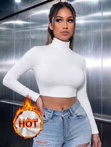 Women's Casual Fleece High Neck Slim Fit Cropped Long Sleeve T-Shirt, Suitable For Daily Wear, Warm And Not Bulky In Autumn/Winter, Winter Outfit - White - View 1