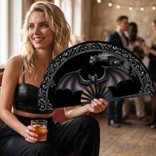 Halloween Gothic Bat Gargoyle Print Folding Hand Fan, Plastic Black Ribs Style 1pc, Dark Mysterious Style Decorative Cooling Fan, Suitable For Theme Parties, Daily Outings And Gothic Style Events - A - View 8