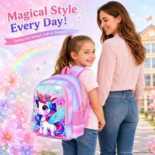 3pcs/Set Girls Cartoon Unicorn Floral Blue Wings Adjustable Shoulder Strap Zipper Closure Cute Style Backpack Set, Suitable For Back To School And Daily Outings - Pink - View 6
