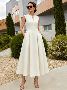 Solid Color Minimalist Hollow Out Slit V-Neck Sleeveless Waist-Cinching Midi Dress, Elegant Style - Beige - View 4