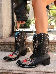 Sepatu Bot Pendek Wanita Gaya Retro Amerika Barat Serbaguna Edisi Terbatas Langka 2026 dengan Bordir Burung, Ujung Lancip, Hak Tebal, Sepatu Bot Berkuda dengan Bordir dan Hak Tebal - Hitam - View 5