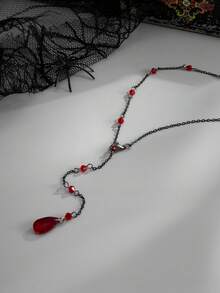 1pc Gothic Black Chain Red Teardrop Crystal Back Necklace, Women's Atmospheric Backless Body Jewelry For Halloween Party Dress - Body Chain - View 7