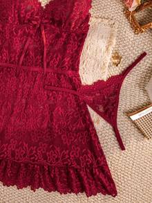 Women's Floral Lace 2 Pieces Lingerie Set, V-Neck Spaghetti Strap Ruffle Nightgown With Matching Thong - Burgundy - View 5