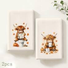 2/4/6pcs Highland Cow Autumn Theme Printed Kitchen Napkins, Cute Hand-Drawn Style, Soft And Easy To Clean, Highland Cow, Pumpkin, Maple Leaf And Fun Bathroom Patterns, Home Decor, Autumn Home Gift, Suitable For Bathroom Decor, Kitchen Decor, Kitchen Accessories - Multicolor - View 9