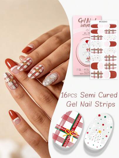 16pcs Christmas Plaid Semi Cured Gel Nail Strips, Gift Bow Snowflake & Glitter Tree Gel Nail Wraps, Easy To Apply & Long Lasting, UV Lamp Cure Nail Art For Women's Holiday Parties And Christmas Events