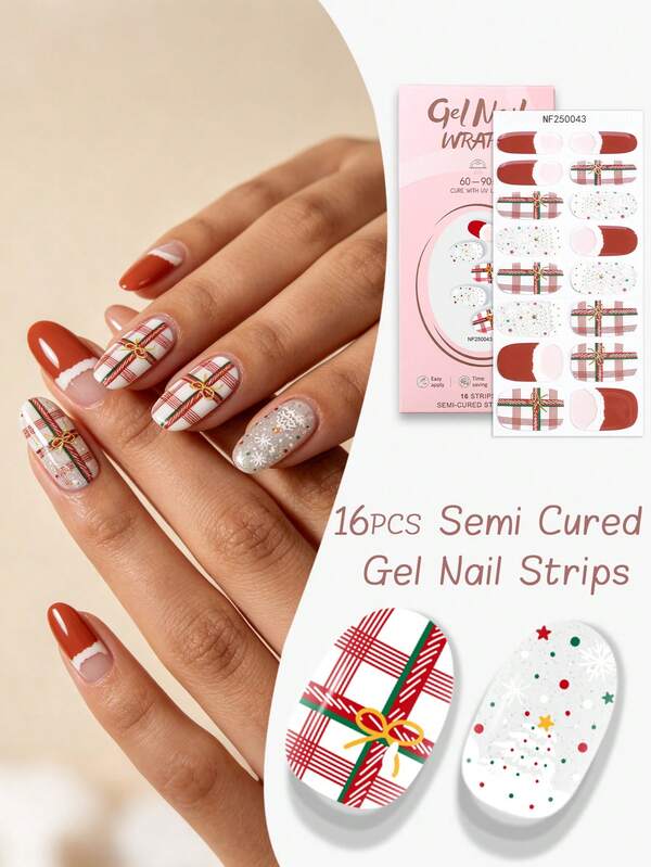 16pcs Christmas Plaid Semi Cured Gel Nail Strips, Gift Bow Snowflake & Glitter Tree Gel Nail Wraps, Easy To Apply & Long Lasting, UV Lamp Cure Nail Art For Women's Holiday Parties And Christmas Events