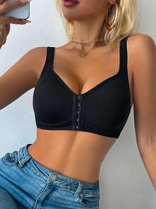 Black Front Closure Wireless Molded Cup Bra, Fixed Thin Padding, Classic Comfortable Women's Solid Color Lingerie Bra - Black - View 5