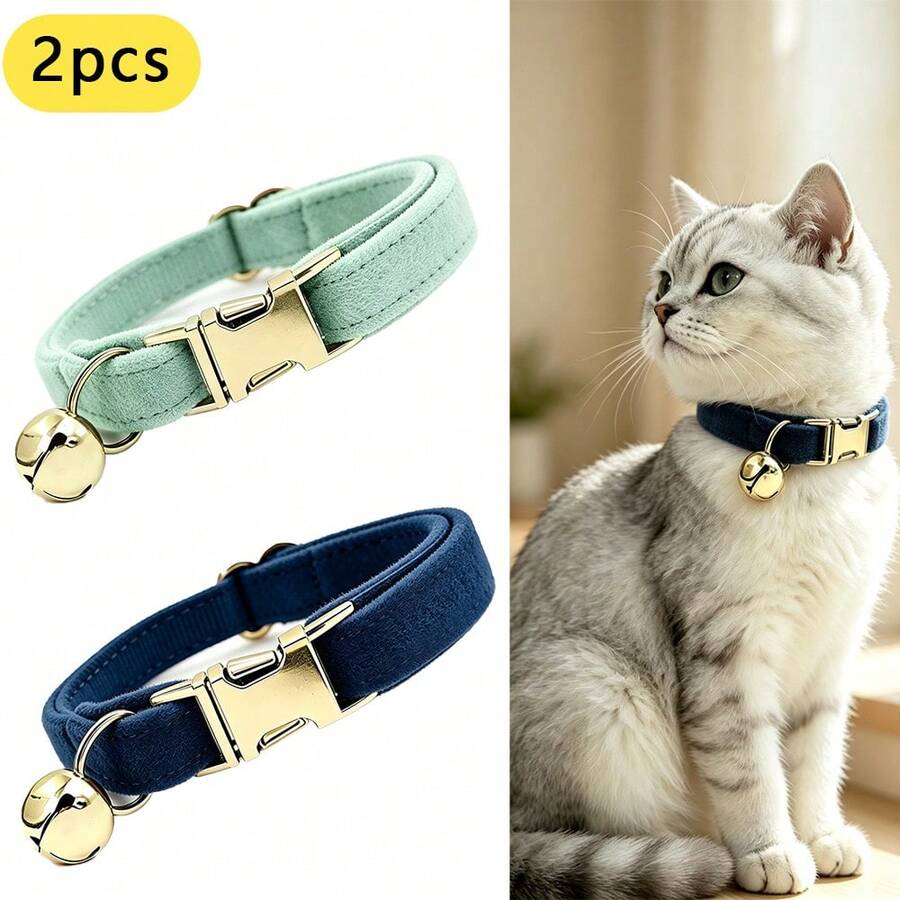 2pcs Mint Green + Navy Blue Soft Velvet Cat Collar, With Gold Bell Metal Buckle, Adjustable Size Comfortable Wear, Universal For Cats And Small Dogs Pet Neck Collar Accessories, St. Patrick's Day, New Year - Mint Green & Navy Blue - View 1