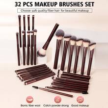 44/32Pcs Total Makeup Tool Kit, Including 32 Pcs Wine Red Flat Tricolor Brushes, 2 Pcs Coffee Short‑Handle Flat Brushes And 10 Pcs Makeup Accessories. Comfortable Grip Handles With Soft Bristles, Gentle Touch On Skin During Makeup Application - Multicolor - View 2