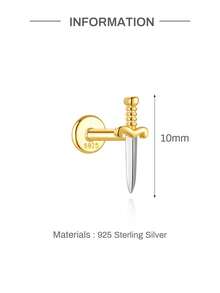 1Pc 925 Sterling Silver Gold Tone Mini Sword Flat Back Stud Earring Punk Gothic Cartilage Helix Piercing Jewelry Perfect For Daily Wear - Multicolor - View 5
