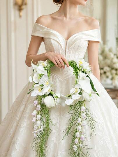 1 st bohemisk brudbukett i vattenfallsstil med ring, vit lilja och kallalilja med tofs, blomsterarrangemang, handhållen brudrekvisita för bröllopsfotografering