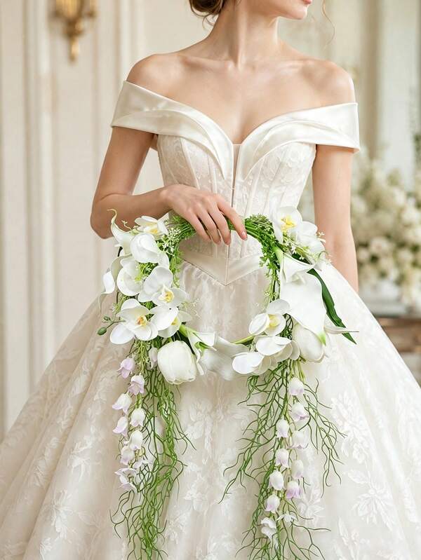 1 st bohemisk brudbukett i vattenfallsstil med ring, vit lilja och kallalilja med tofs, blomsterarrangemang, handhållen brudrekvisita för bröllopsfotografering