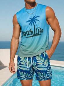 Men's Ombre Palm Tree Print Sleeveless Tank Top And Shorts Set, Suitable For Summer Vacation And Daily Wear - Multicolor - View 3