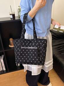 1件時尚波點印花大容量燈芯絨肩背托特包，多口袋設計，可折疊，適合上學、工作與旅行 - 黑色 - 查看 5