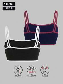 2pcs/Set Women Plus Size Seamless Contrast Color Low Support Knit Sports Bra, Suitable For Yoga, Fitness, Daily Wear - Multicolor - View 2