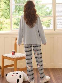 2pcs/Set Women's Pajamas Loungewear Set, Cute Animal Print Pullover Round Neck Casual Long Sleeve Cropped Pants, Comfortable For Home Wear - Grey - View 4