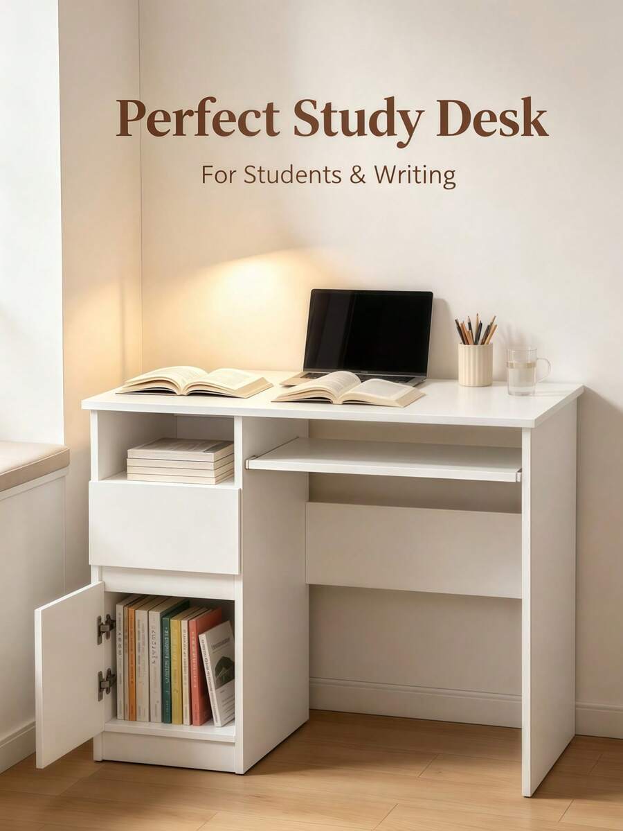 51*98.5*75.5 Cm Nordic Style White Oak Desk, Made Of Durable Engineered Wood, Practical Table, Functional Office Desk, Versatile Computer Desk, Multi-Purpose Tables, Sturdy Work Table, Practical Office Desk, Classic Office Furniture - White - View 1