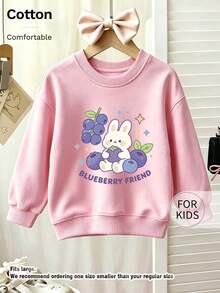 Tween Girl Crew Neck Sweatshirt, Blueberry Friend Cute Bunny Fruit Graphic Print Cotton Pullover For Tween Girl - Pink - View 7