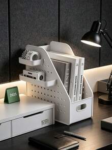 1pc White Multi-Grid Desktop File Organizer, Minimalist Modern Style Plastic Material, Slanted Opening Design, With Pegboard Side Hanging Basket, Multi-Functional Book File Stationery Storage Rack, Suitable For Study Office Daily Use, All Season - Multicolor - View 9