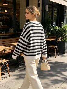 New Style Striped And Multicolored Lace V-Neck Long-Sleeved Plus Size Women's Knitted Sweater For Autumn And Winter - Multicolor - View 3