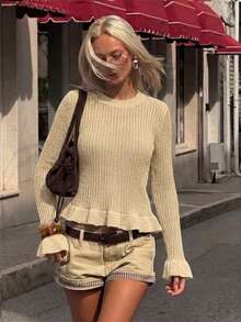JustMiss Sweater Pullover Wanita Leher Bulat dengan Lengan Mengembang, Hiasan Ruffle, Lengan Panjang, Gaya Feminin Romantis, Warna Polos, Hem A-Line, Rajutan Tebal, Musim Gugur/Dingin - Aprikot - View 1