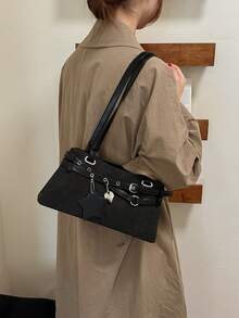 Fashion Solid Color PU Versatile Tote Bag, Strap Heart & Star Decor Elegant Women's Shoulder Bag, Suitable For University, Commuting, Shopping, Street Shopping, Daily Use - Black - View 6