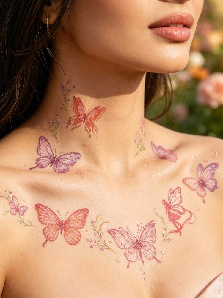 60 Temporary Tattoo Stickers, Blending Colorful Butterfly, Vine, And Beauty Elements, Using Bright And Realistic Colors, Suitable For Occasions Such As Men's And Women's Vacations, Travel, Gatherings, Parties, And Daily Use, Waterproof And Durable - Multicolor - View 7