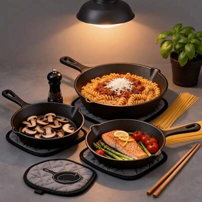 3pcs Heavy-Duty Cast Iron Skillet Pan Set - Pre-Seasoned Round Cookware With Stovetop & Even Heat Distribution, Featuring An Uncoated Skillet With A Handle, Versatile For Home Cooking, Outdoor Camping Grilling, Steaks, And Omelettes