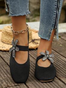 Elegant Rhinestone Floral Decor Flat Shoes, Knitted Fabric Square Toe Low-Top Commuter Women's Shoes - Black - View 5